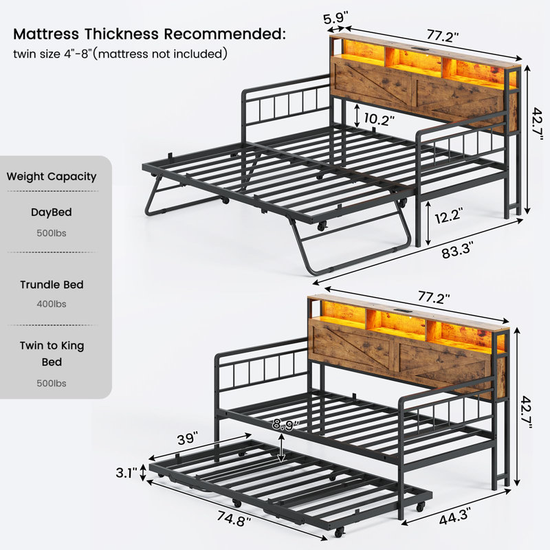 Convertable Daybed with Pop Up Trundle LED Bookcase Storage Bed Twin to King, Brown