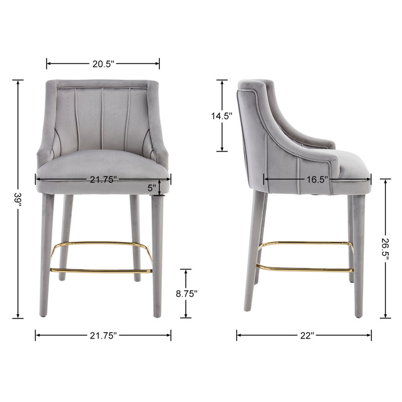 Vintage Style Upholstered Counter Stool With Velvet Backrest With Metal Footrest,With Solid Wood Wrapped Legs,Counter Height Bar Stool For Kitchen Island, Coffee Bar.