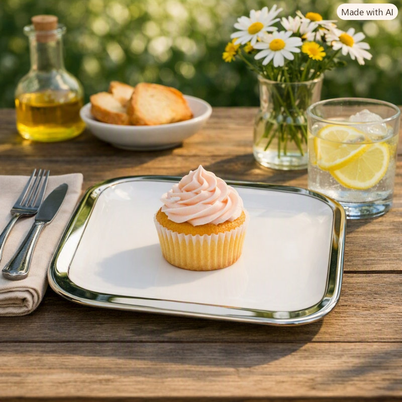 Ceramic Square White Plate with Silver Rim 7"