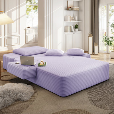 Chaise longue convertible en velours côtelé avec pochette de rangement et sans assemblage