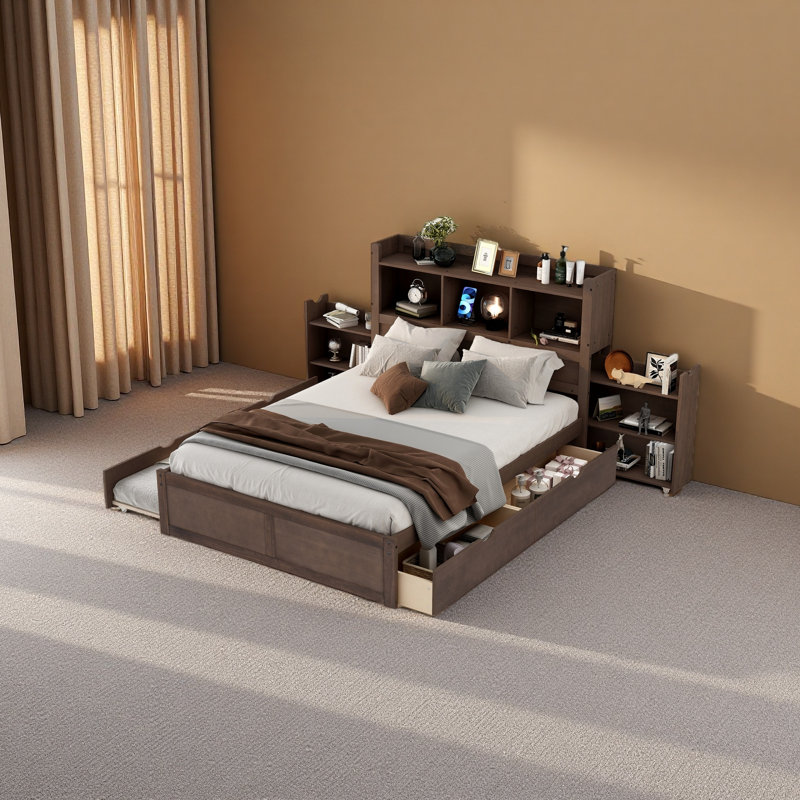 Lit plateforme double avec tablettes coulissantes, Espresso