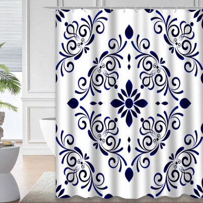 Rideau de douche à motif de damas blanc avec 12 crochets