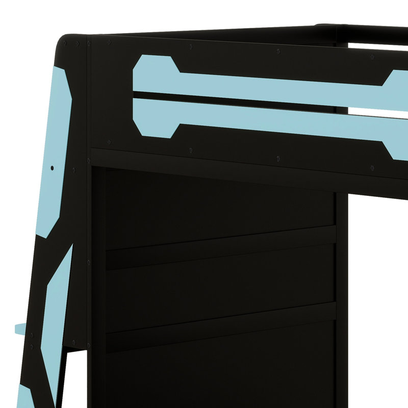 Lit mezzanine avec bureau, tablettes de rangement multiples, Bleu nuage