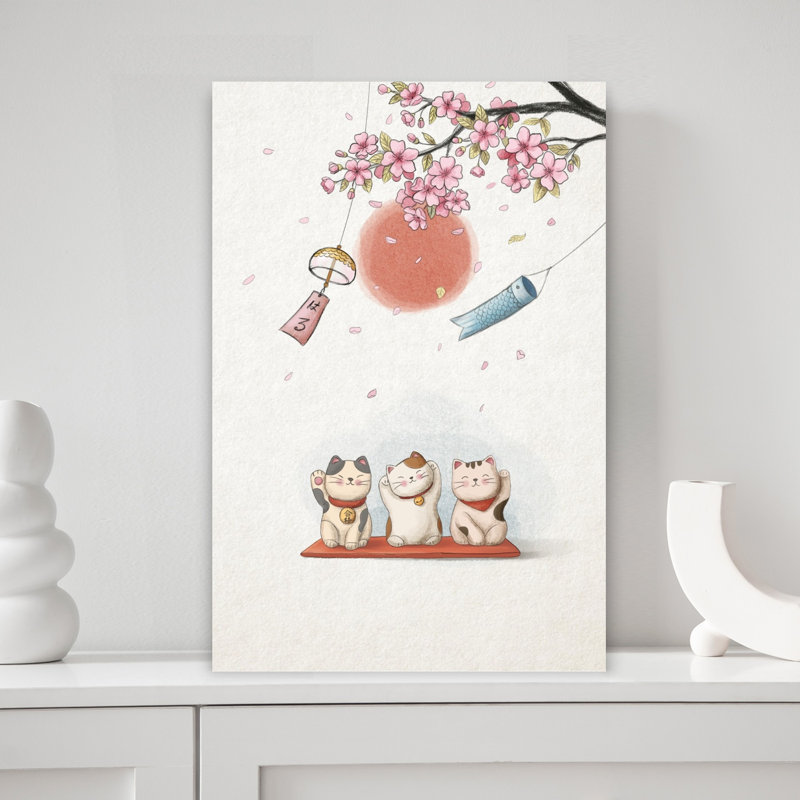 Printemps, chats chanceux, art contemporain coloré, fleur de cerisier, chat, H 18 po x l 12 po