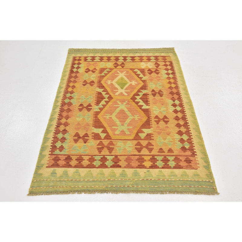 Tapis en laine rouge 3 pi x 4 pi 10 po one-of-kind à la main noué la new age Elland