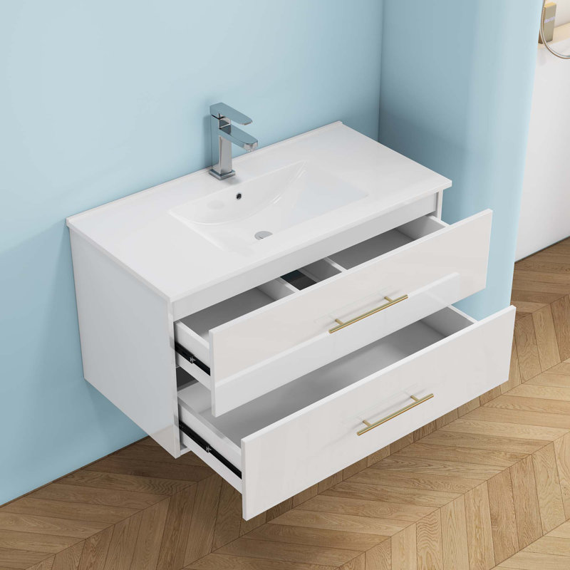 Gloss Wall-Mounted Bathroom Vanity With Mirro, 40", Glossy White, Gold