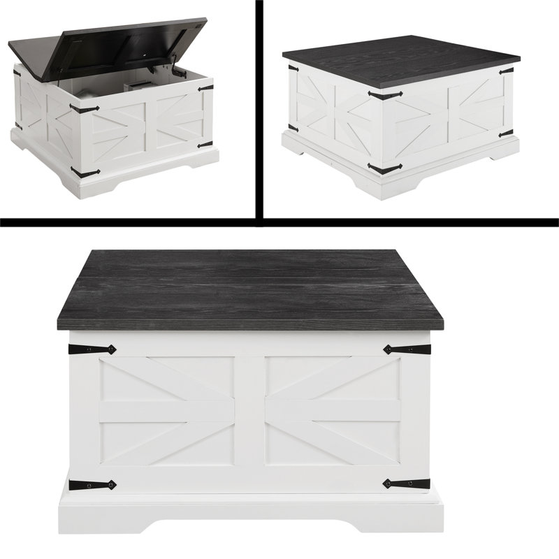 Table basse Farmhouse, table centrale carrée en bois avec grand compartiment de rangement caché, Blanc