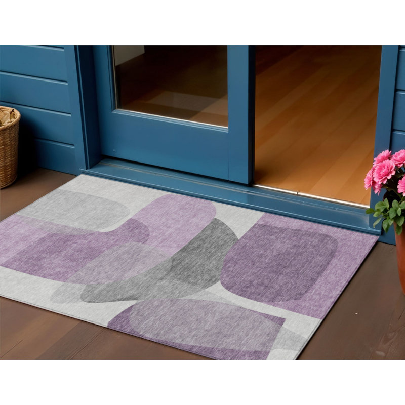 3' X 5' Purple And Gray Abstract Washable Indoor Outdoor Area Rug