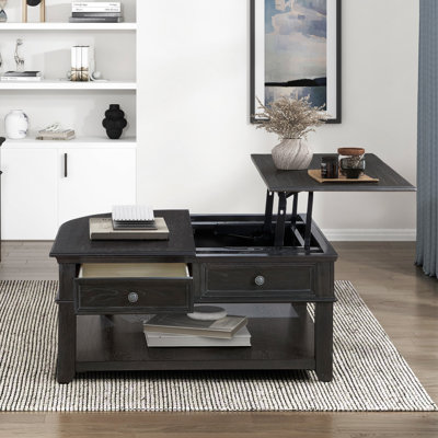 Table basse à plateau relevable classique en bois gris anthracite avec tiroir et tablette de rangement