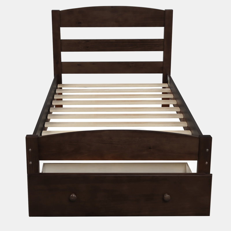 Structure de lit simple en bois de pin robuste avec tiroir de rangement et support à lattes, aucun sommier requis