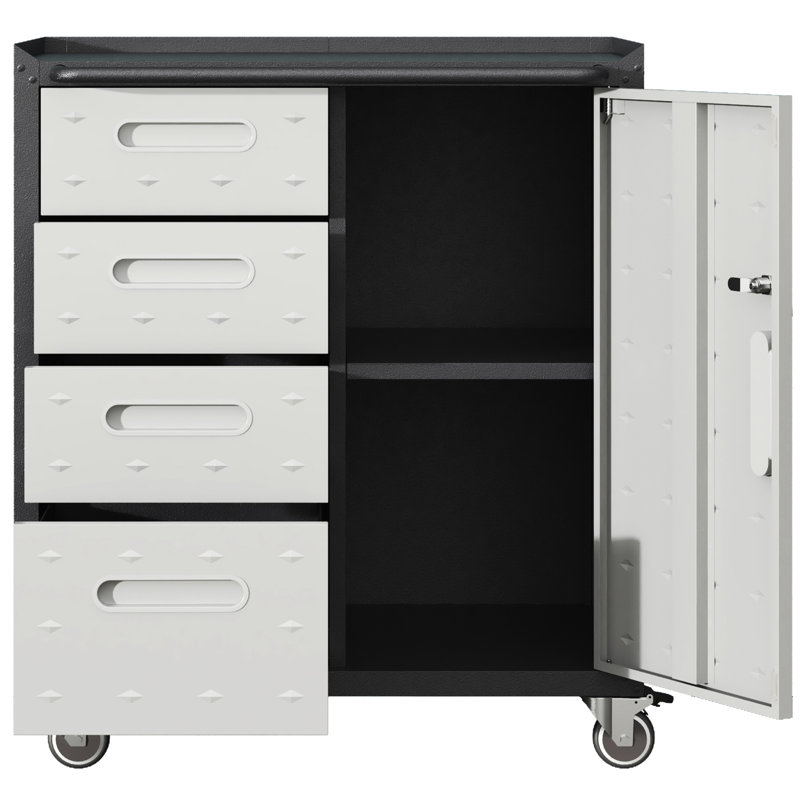 Metal Cabinet With Wheels For Garage, Office, Home. Raised Top, 4 Drawers, Lockable Storage. Strong. Black/Grey Tool Home Organization. 360 Wheels, Top. Side Adjustable Shelves.