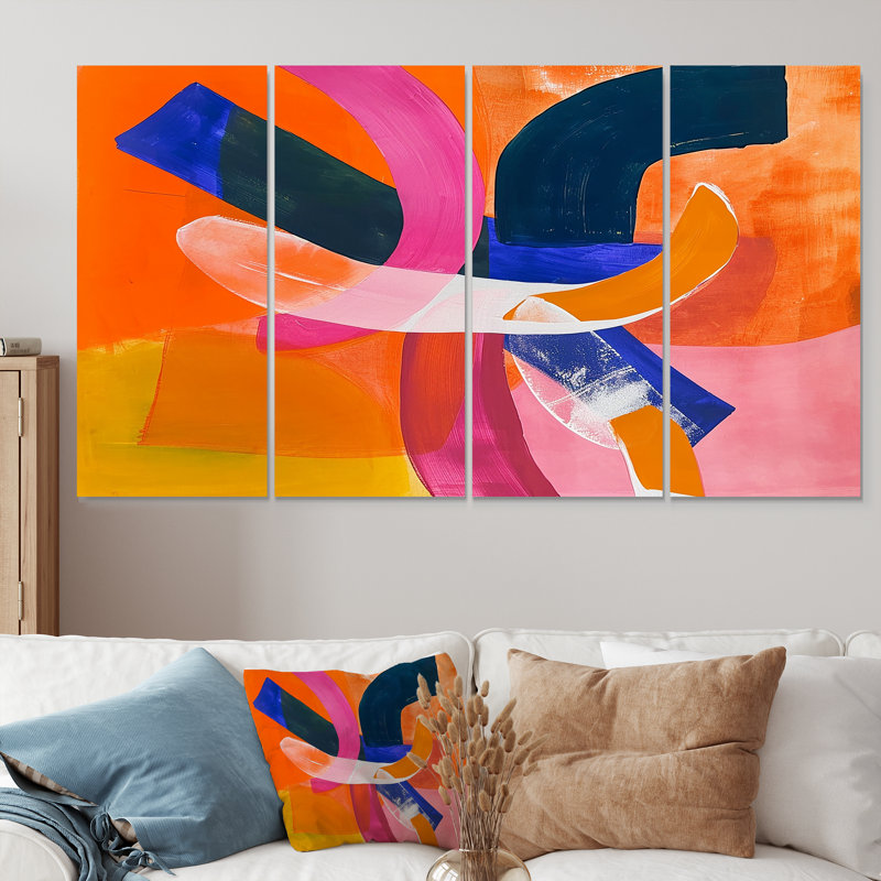 «Funky Fusion Retro Orange Blue» - ensemble d'art mural abstrait 4 pièces, H 32 po x l 64 po