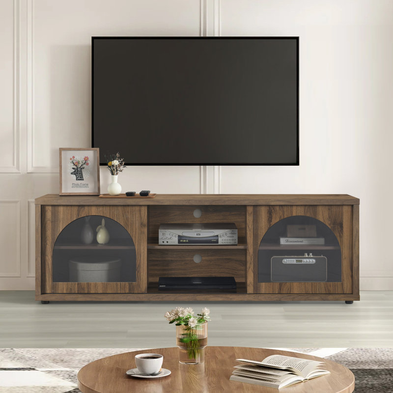 Meuble télé l 68 po Balard avec portes en verre arquées et tablettes ouvertes