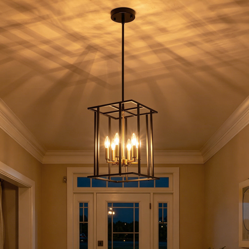 6 - Light Dimmable Lantern Rectangle Chandelier, Gold
