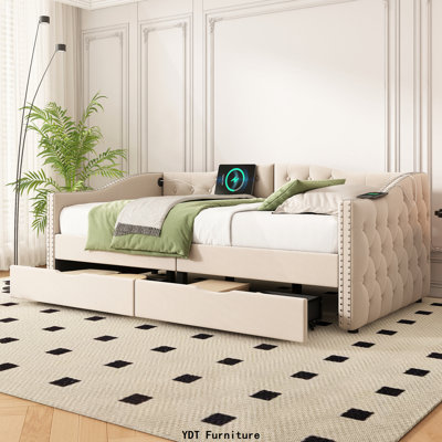 Lit de jour simple en velours rembourré avec couchette et chargement USB, structure en bois pour la chambre à coucher, gris
