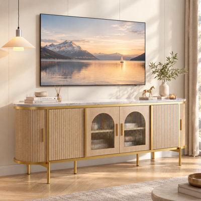 Meuble télé 70 po Mid-Century pour téléviseur de 75 po ou moins, console média à cannelures japonaises avec portes coulissantes en verre Reeded et tablettes réglables, buffet en chêne avec pieds en métal