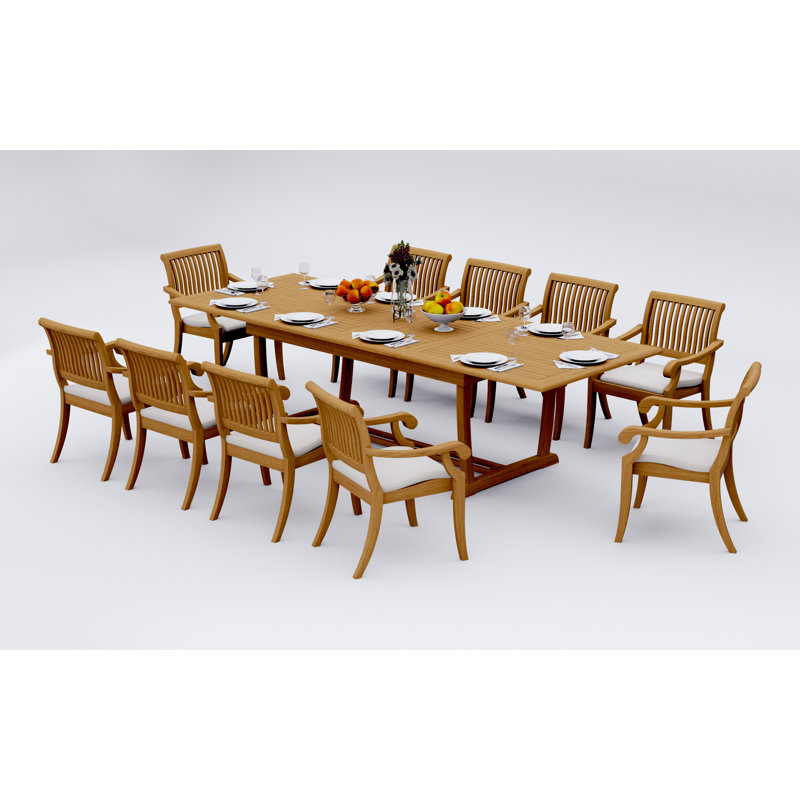 10 Seats 11 Pcs Grade-A Teak Wood Dining Set: 94" Double Extension Mas Rectangle Trestle Leg  Table And 10 Arbor Stacking Arm Chairs #11AB2110