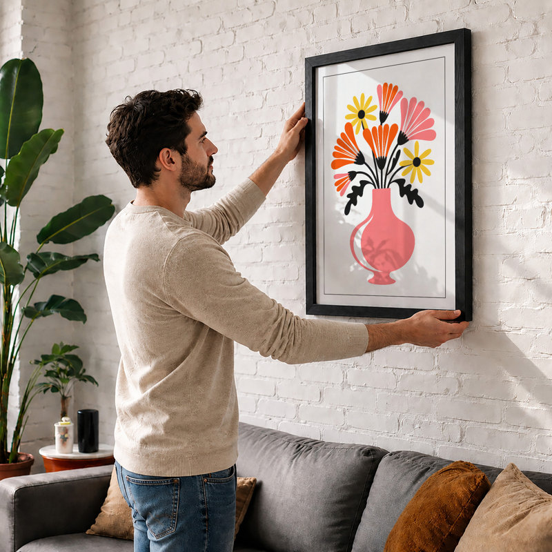 Blooms In Pink Mid-Century - Print, A1 - 84.1 x 59.4 cm, Black