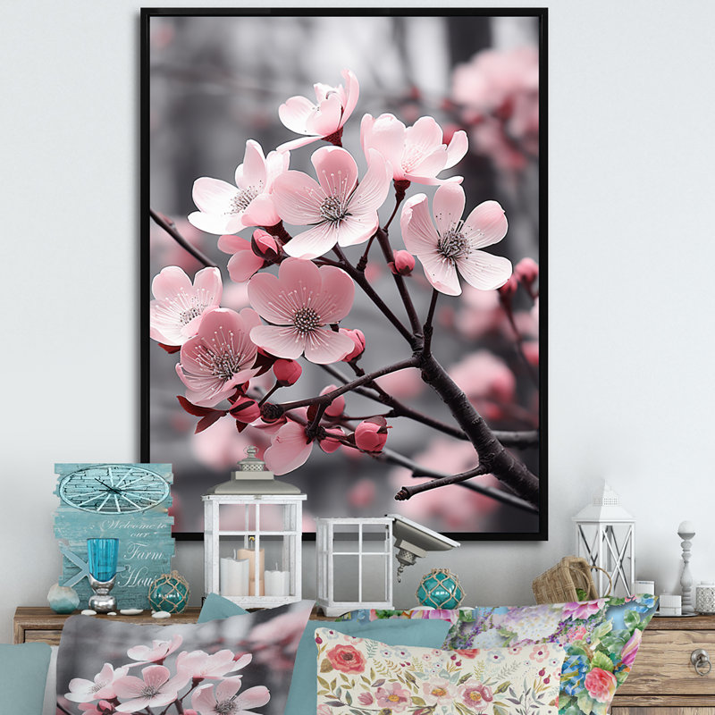 Champ photo rose et gris Dogwood, H 40 po x l 30 po x P 1,5 po, Cadre flottant noir