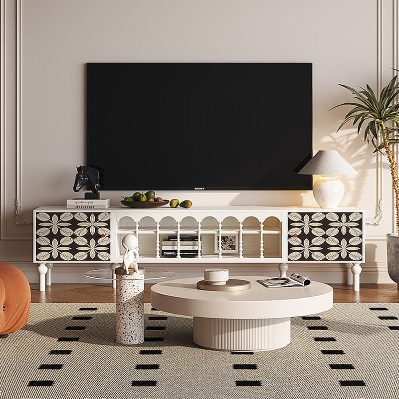 Meuble télé avec rangement peint français rétro, H 21,26 po x L 70,87 po x l 15,75 po, Blanc