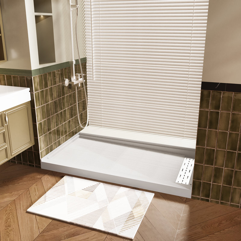 Base de bac de douche 60 po x 34 po à surface solide blanche avec drain intégré et conception antidérapante texturée Tl-bva3460r-w