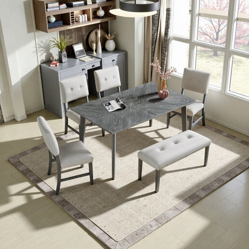 Table de salle à manger 6 places Retro Retro Table de cuisine de style campagnard et de style Mid-Century moderne, design rétro, base en H spacieuse