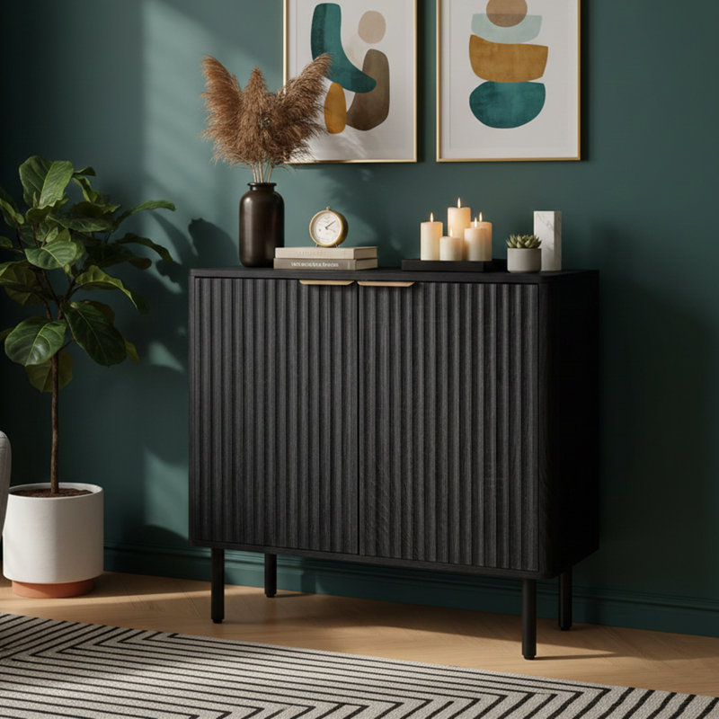 31.5" Wide Fluted Sideboard Buffet Cabinet With Adjustable Shelves, Modern Coffee Bar Station - Walnut, Black