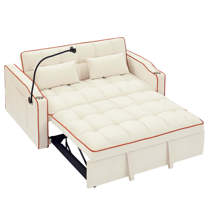 Velvet Pull-out Sleeper Sofa Bed, Adjustable Back and with USB Pport, swivel phone stand, 31.15" H x 55.55" W x 37.05"