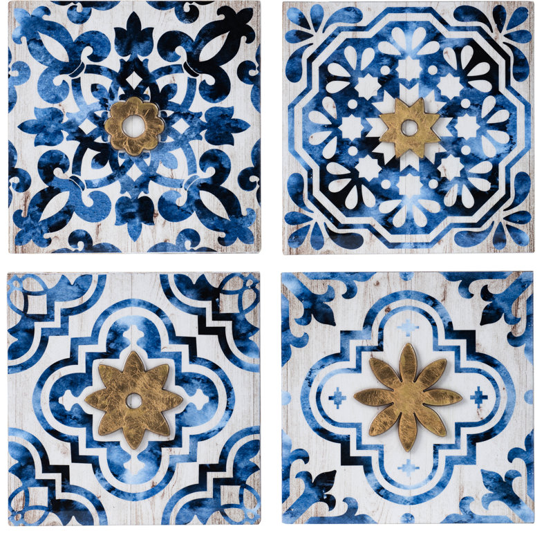 Décoration murale abstraite bleue, blanche et dorée S / 4, 9,5 po x 9,5 po