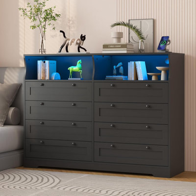 Commode 8 tiroirs 55 po de large avec rangement, DEL et station de charge