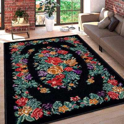 Premium 100% Cotton Area Rug, 4.6 x 7.2 Feet | Antibacterial, Non-Slip PVC Underside, 0.3 in Pile Height | Machine Washable, Durable & Stylish Red, Orange, Green, Black Design | Perfect for Living Room & Bedroom Decor