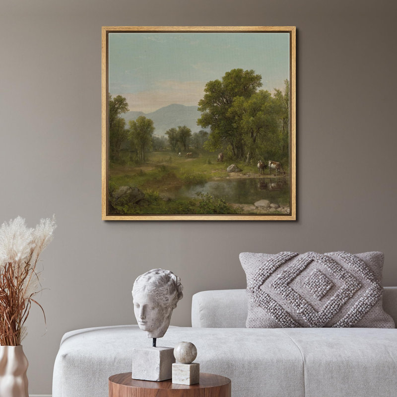 Bovin Bucolique par la rivière, reproduction d'art sur toile, H 16 po x l 16 po, Toile naturelle