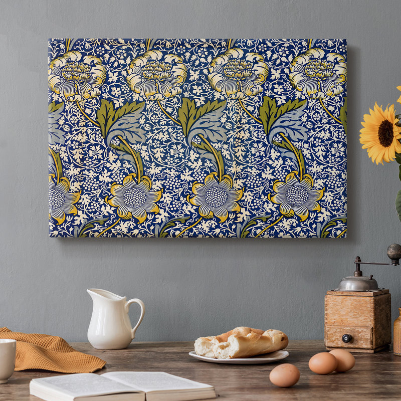 Design floral floral / papier peint (bleu et jaune) -William Morris-toile tendue avec châssis-c. Fin du 19e siècle, 12 x 18