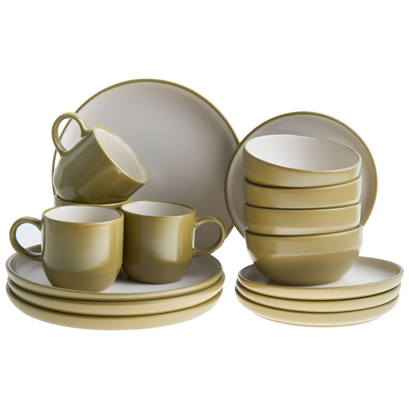 Stoneware Dinnerware - Service for 4, Green/White