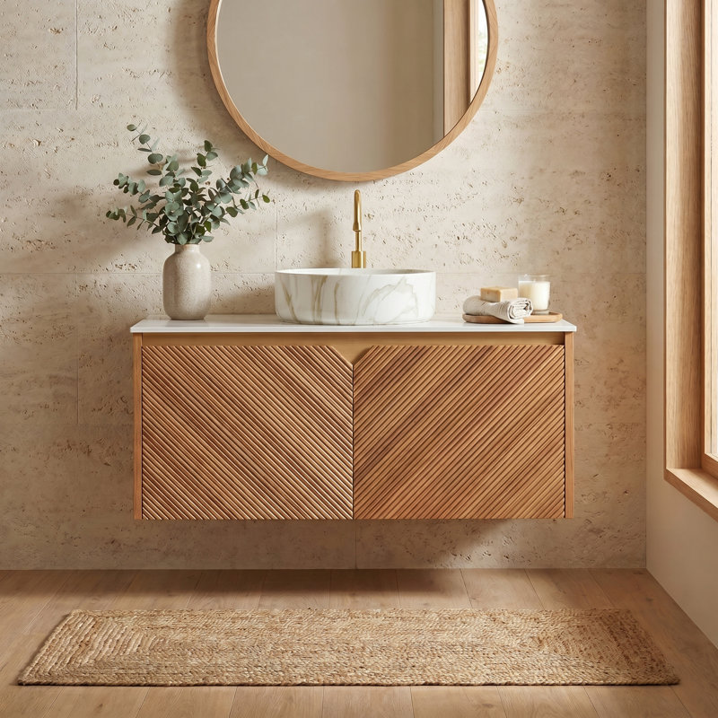 36" Modern Floating Bathroom Vanity with Twill Textured Wood Veneer Doors, Carrara White Sintered Stone Top & Ceramic Vessel Sink Options