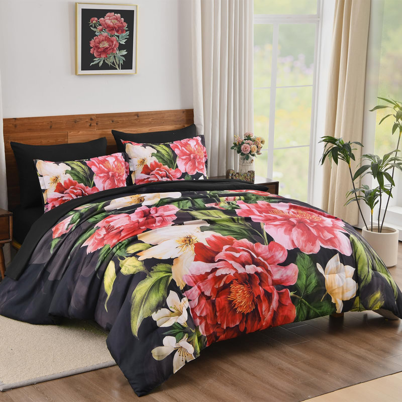 7-Piece Floral Comforter Set, Soft Lightweight Bed in a Bag with Sheet Set, Queen Comforter + 6 Additional Pieces, Red Floral