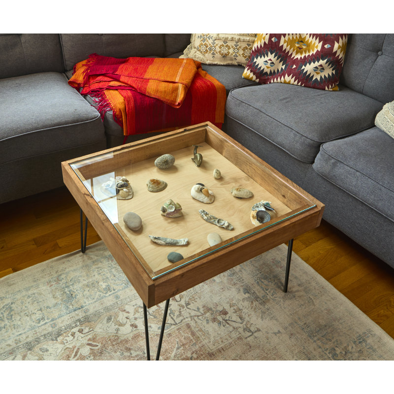 Table de présentation rustique 25 po x 25 po avec plateau en verre amovible