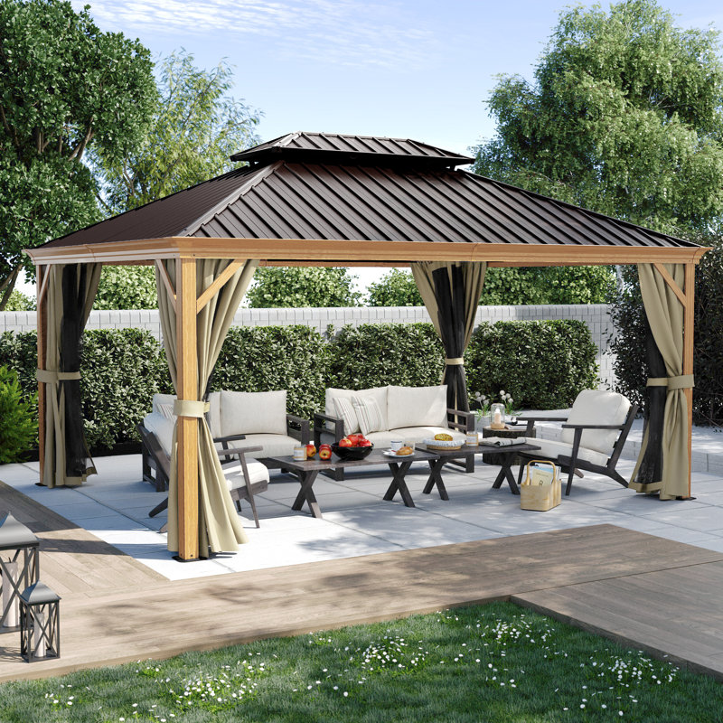 Aluminum Patio Gazebo, Gray/Brown, 12' W x 16' D, Wood Grain