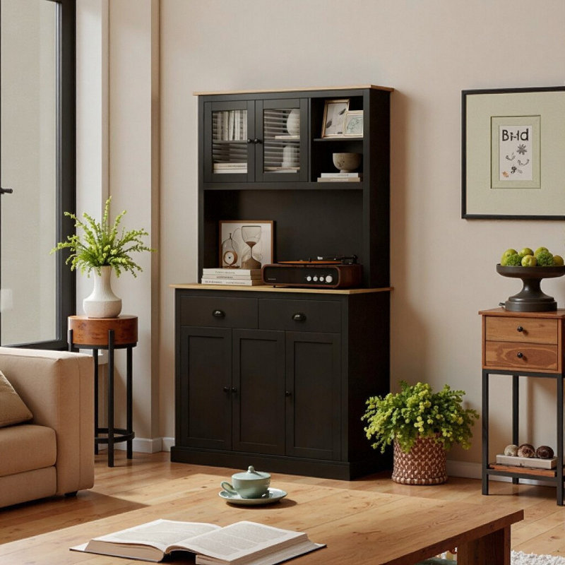 71" Modern Black Kitchen Pantry Cabinet with Drawers & Open Shelves - Storage Center for Coffee Bar or Microwave, Black
