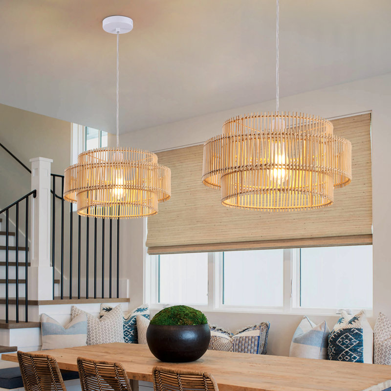 16" Boho Style Double-Layer Natural Bamboo Pendant Light with White Canopy for Dining room, Natural