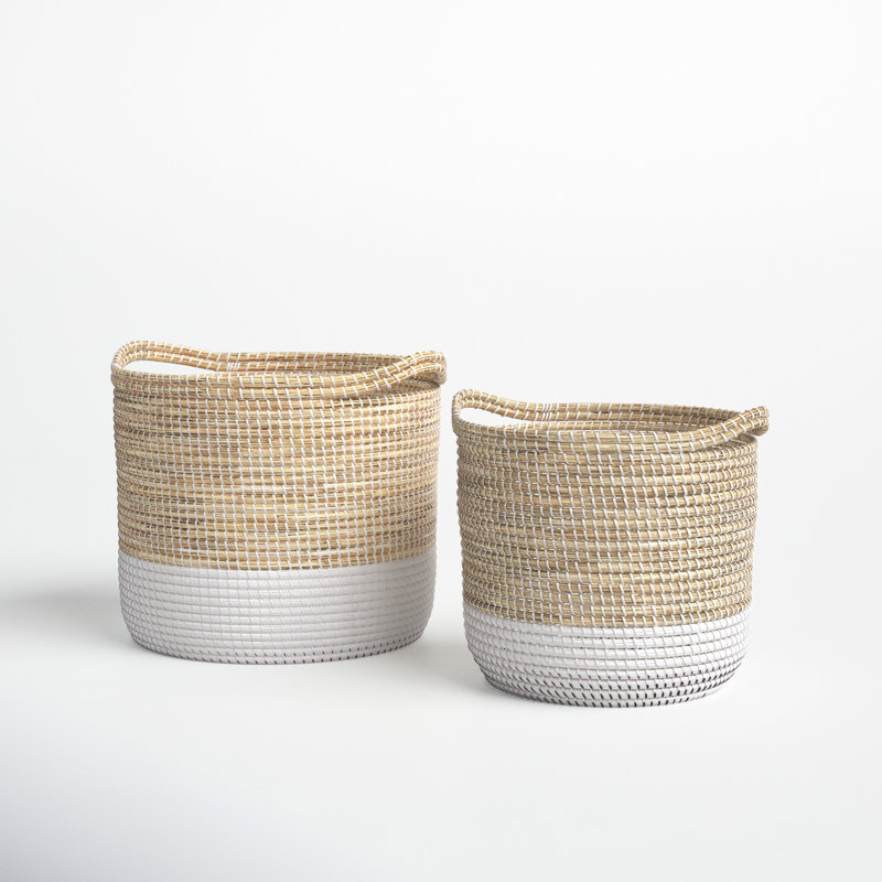 Seagrass Handmade Two Toned Decorative and Functional Storage Basket with Handles