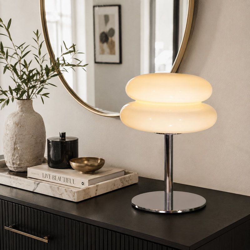 Lampe de table «burger» en verre beige avec ampoule tricolore E26, conception à brancher