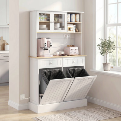 Armoire de cuisine 68 "avec station de charge, 2 armoires à ordures inclinables et support à micro-ondes, bois