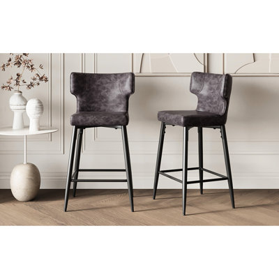 Chaises à hauteur de comptoir 2, chêne, dossier croisé double, siège rembourré texturé en chêne (de 2), siège croisé en tissu serein