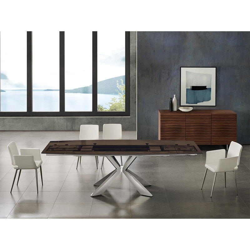 Elegant Extendable Smoked Glass Dining Table with Polished Stainless Steel Base