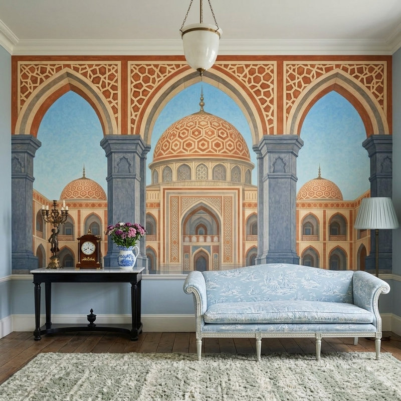 Papier peint mural à motif géométrique d'inspiration moghole, inspiré de l'architecture islamique et de l'architecture islamique.