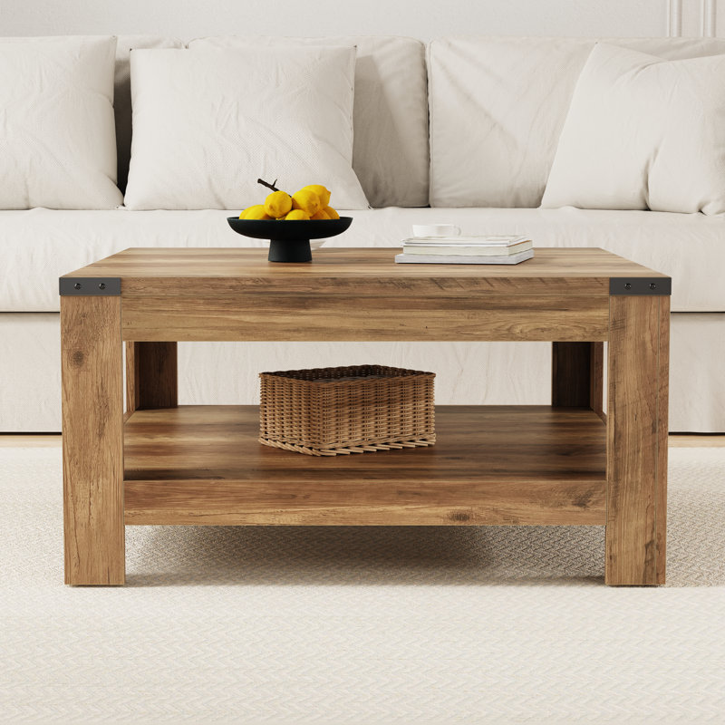 Zara Square Coffee Table With 2-tier Storage Shelves, Oak Wood