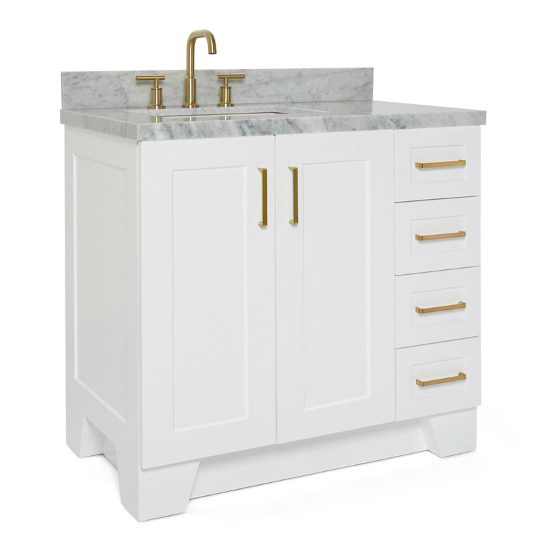 Meuble-lavabo simple en bois massif 37 po Freitas blanc avec plateau en marbre de Carrare 1,5 po, évier gauche et rectangulaire