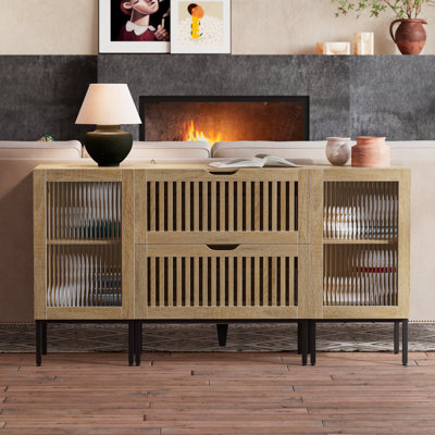 Storage Cabinet,59" Farmhouse Sideboard Buffet Cabinet With Metal Base And Adjustable Foots,coffee Bar Cabinet With Glass Doors For Dining Room,living Room,kitchen,oak