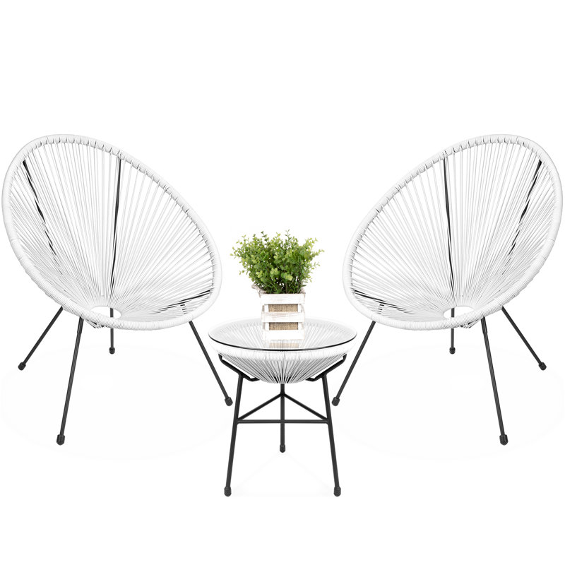 Harijs 3-Piece All-Weather Patio Acapulco Bistro Furniture Set w/ Rope, Glass Top Table, White
